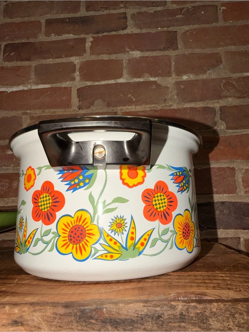 Green Floral Enamel Stockpot with Lid - Home Kitchen Floral 70s